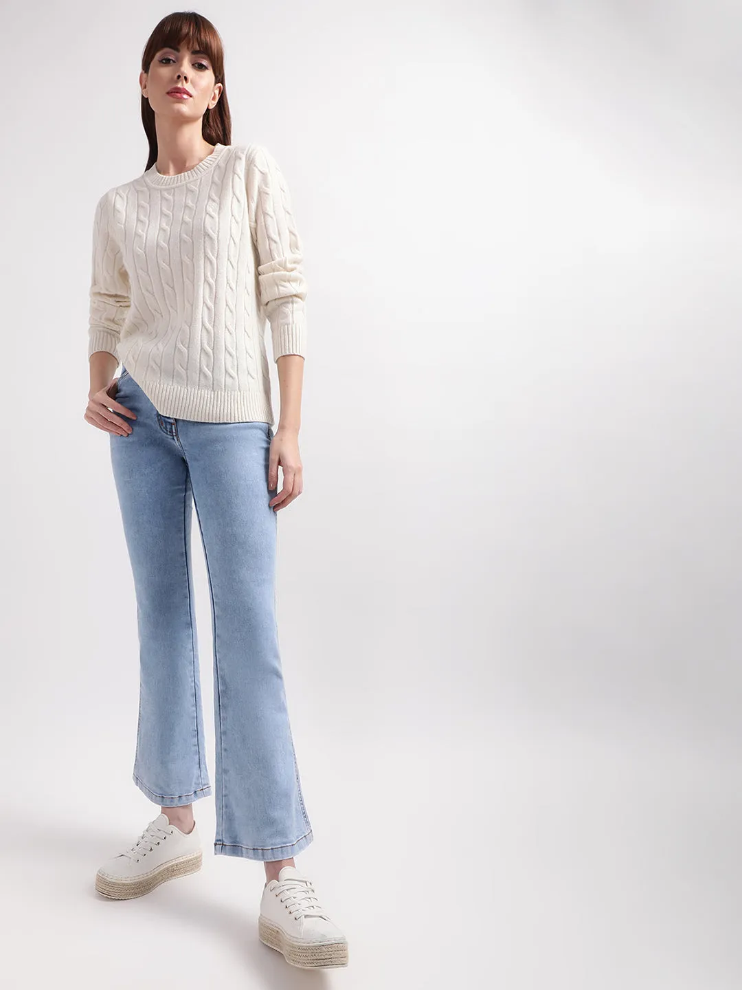 Gant Women Off White Cable Knit Wool Pullover