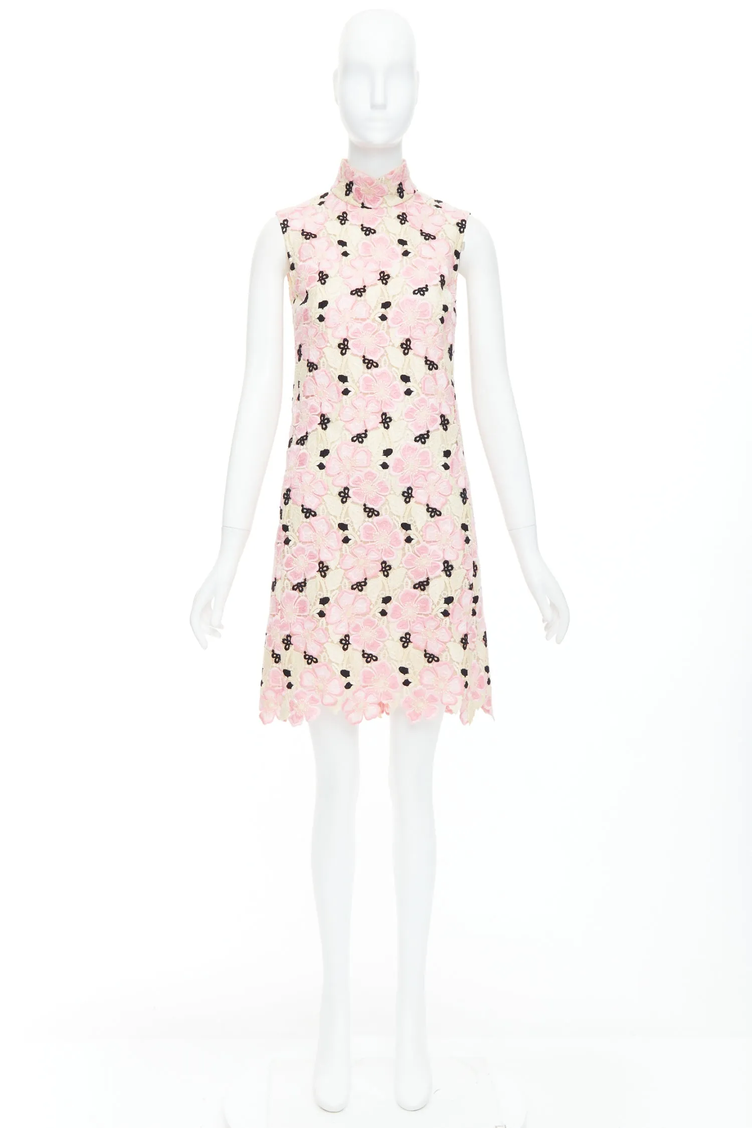 GIAMBATTISTA VALLI pink cream floral guipure lace mock neck dress IT38 XXS