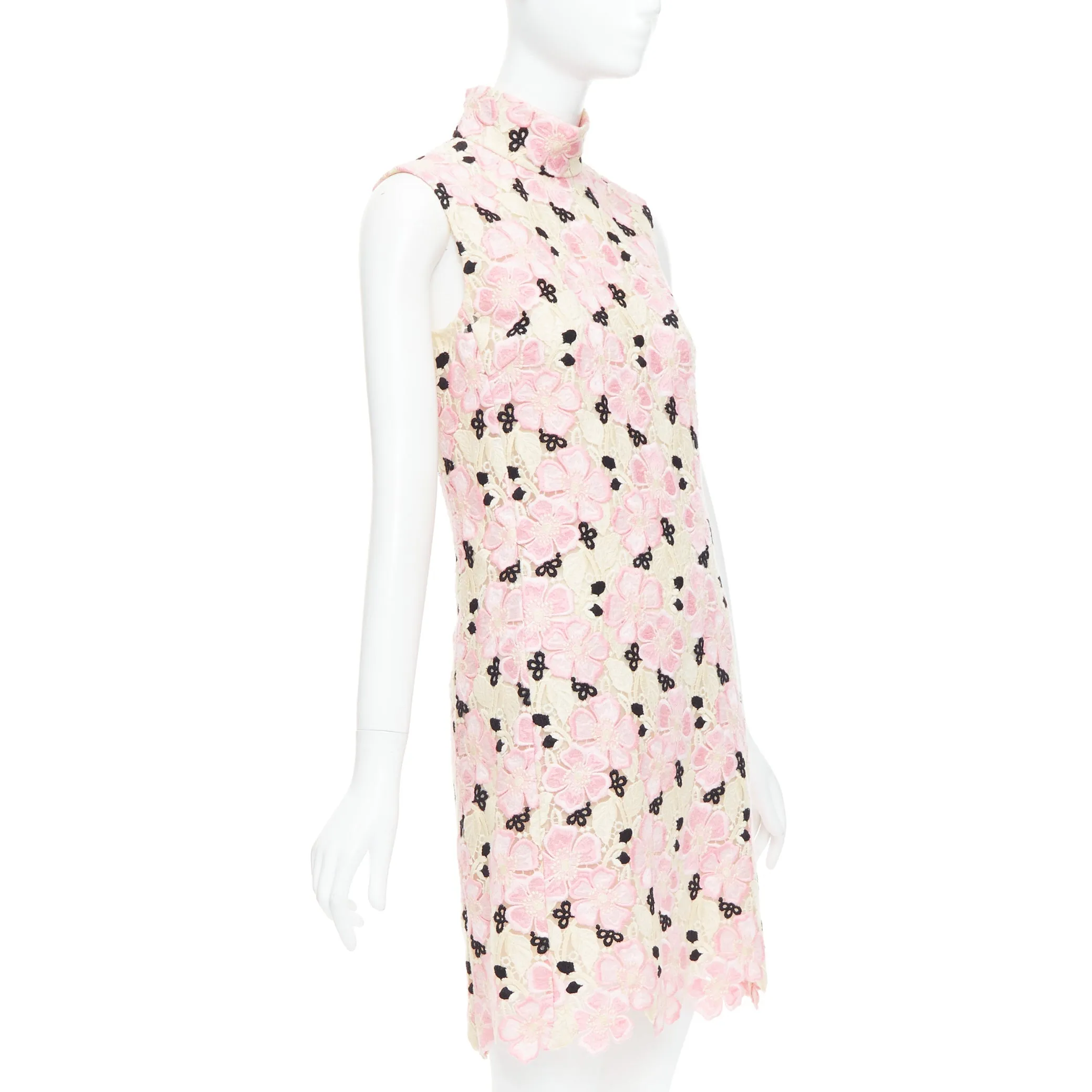 GIAMBATTISTA VALLI pink cream floral guipure lace mock neck dress IT38 XXS