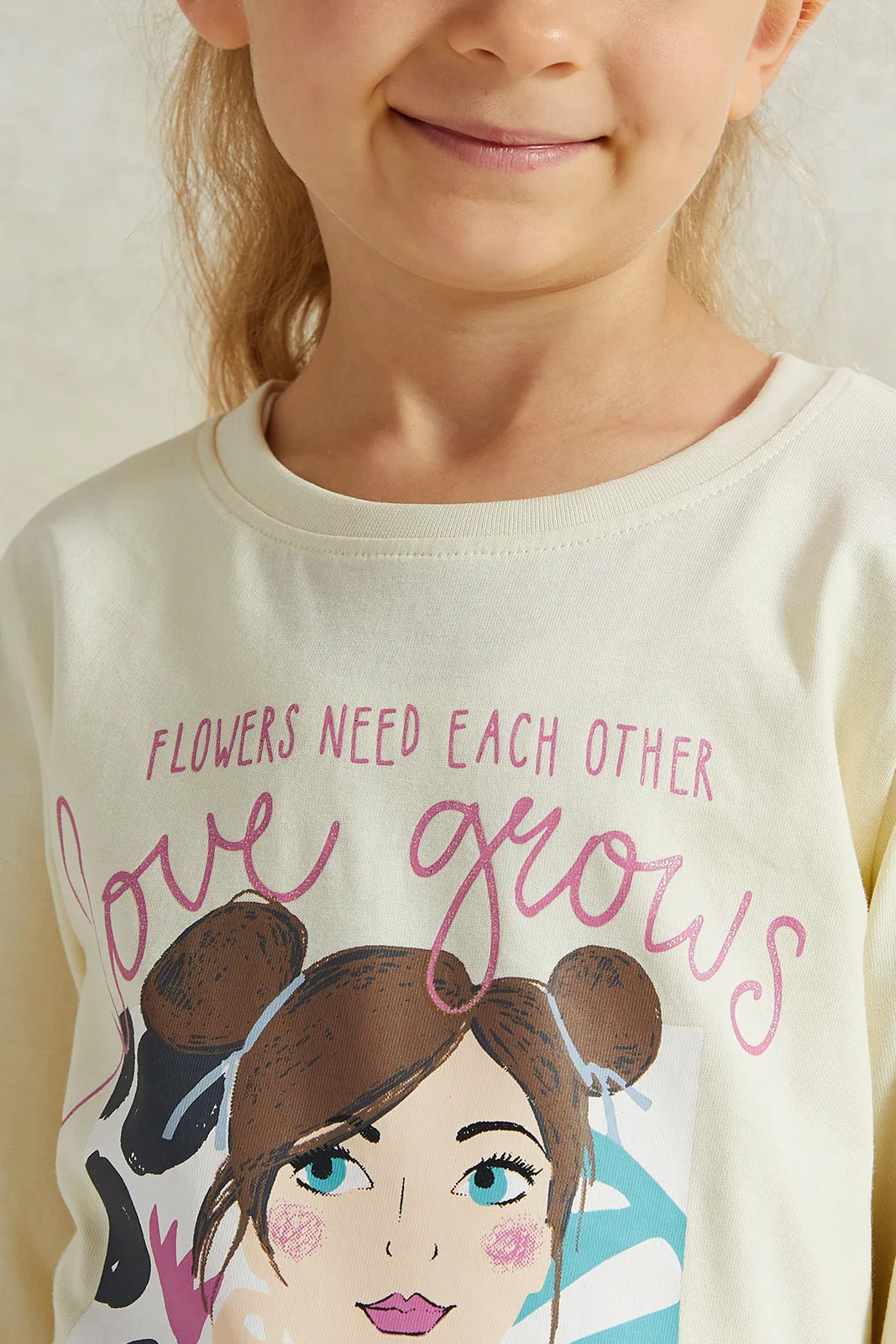 Girls Cream "Love Grows" Placement Print T-shirt