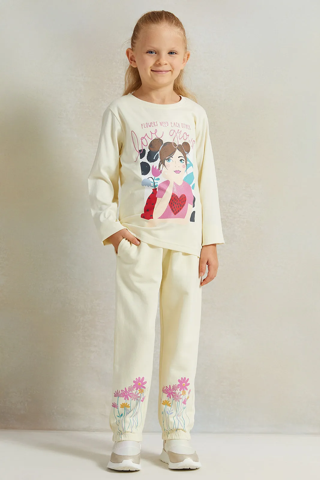 Girls Cream "Love Grows" Placement Print T-shirt
