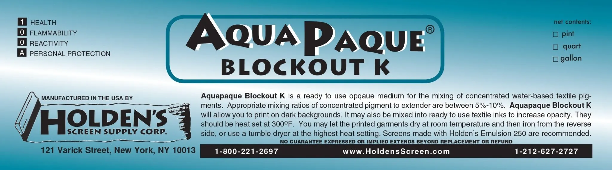Holden's Screen Supply AquaPaque®  Blockout Ink for Fabrics K - Opaque Base for Concentrated Screen Printable Pigments | Ideal for Vibrant Printing on Dark Fabrics and Textiles