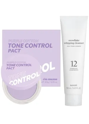 I'M MEME Compact - Purple Cotton Tone Control Pact 0.33 Oz   NOONI Korean Facial Clenaser - Snowflake Whipping Cleanser 5.07 Fl Oz Bundle