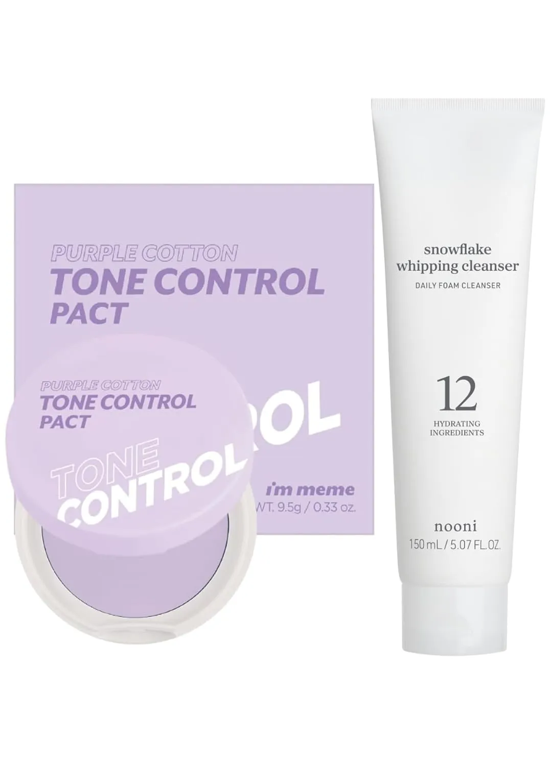 I'M MEME Compact - Purple Cotton Tone Control Pact 0.33 Oz   NOONI Korean Facial Clenaser - Snowflake Whipping Cleanser 5.07 Fl Oz Bundle