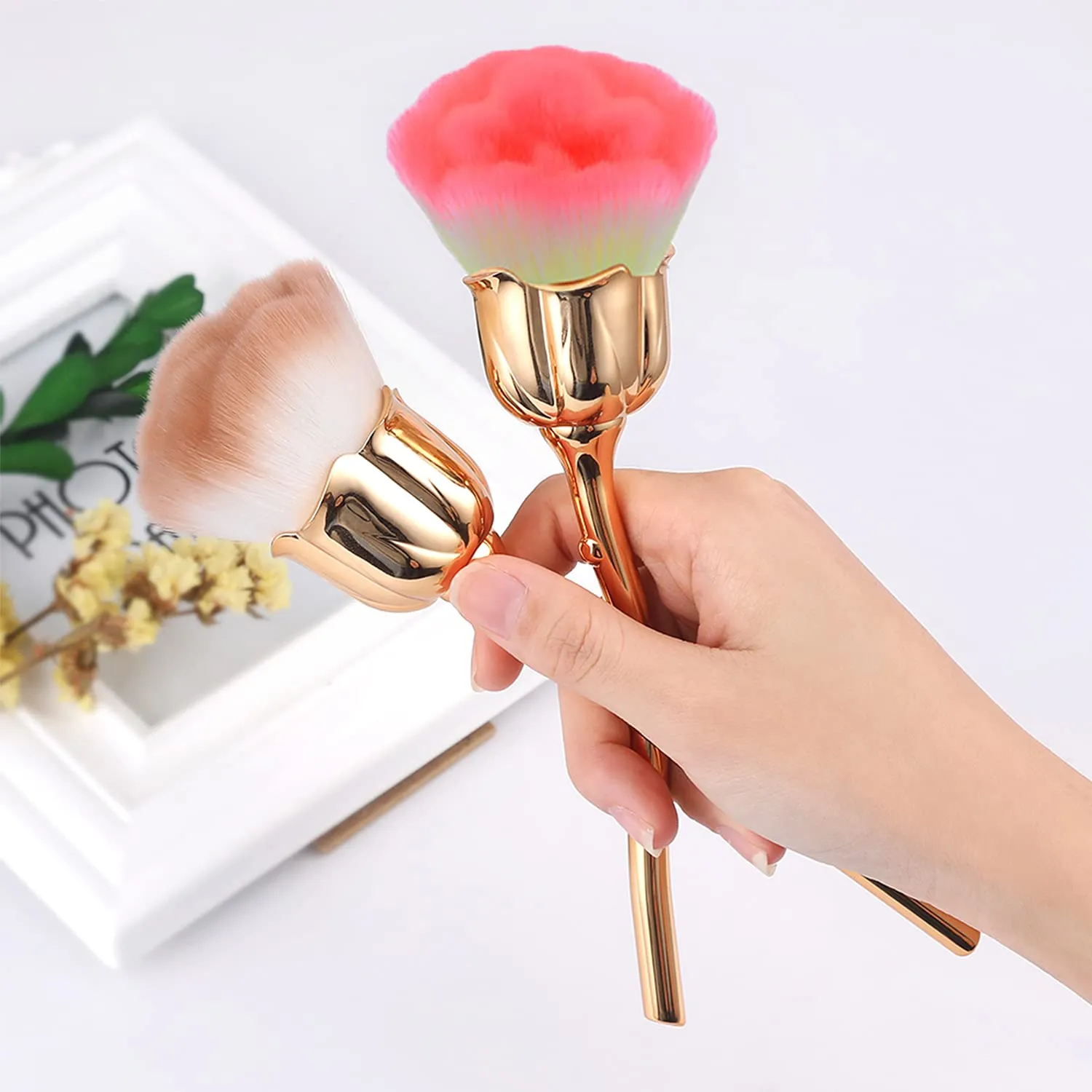 JERCLITY 2 Pieces Rose Makeup Brushes Blush Brush Super Large Face Powder Makeup Brushes for Powder Cosmetic Nail Dust Brush Loose Powder Brush Makeup Manicure Dust Remover Brush for Clean (Gold)