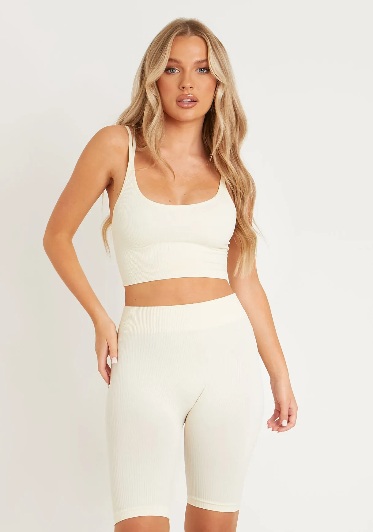 Kara Cream Seamless Ribbed Scoop Neck Double Strap Crop Top