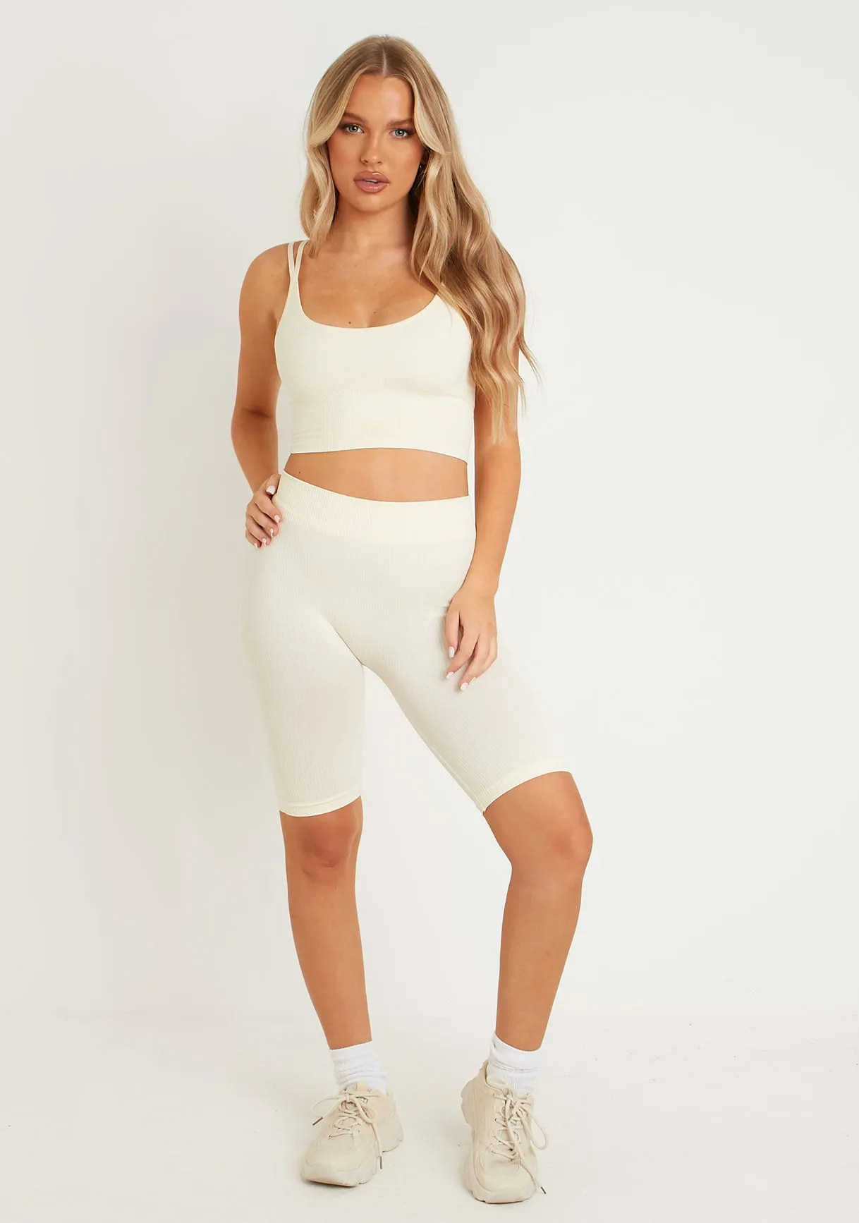 Kara Cream Seamless Ribbed Scoop Neck Double Strap Crop Top