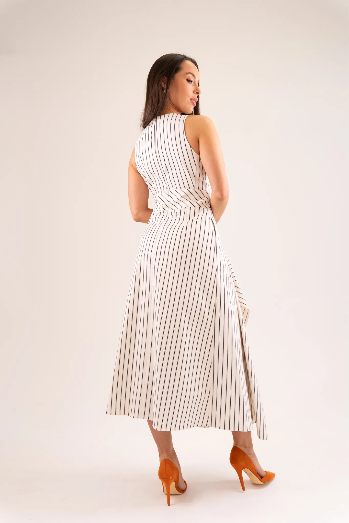 Kayla Asymmetric Pinstripe Dress In Cream