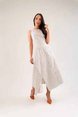 Kayla Asymmetric Pinstripe Dress In Cream