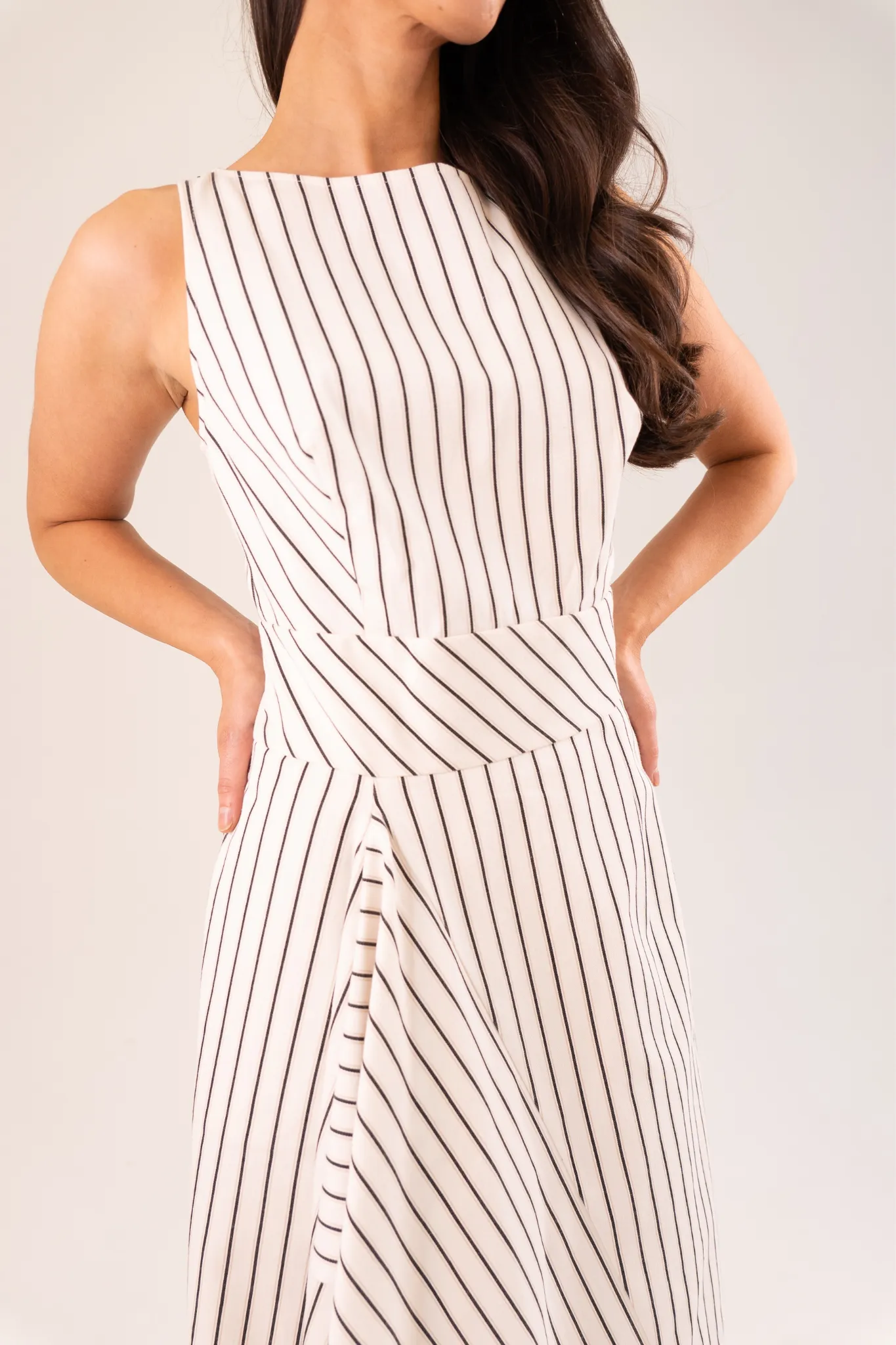 Kayla Asymmetric Pinstripe Dress In Cream