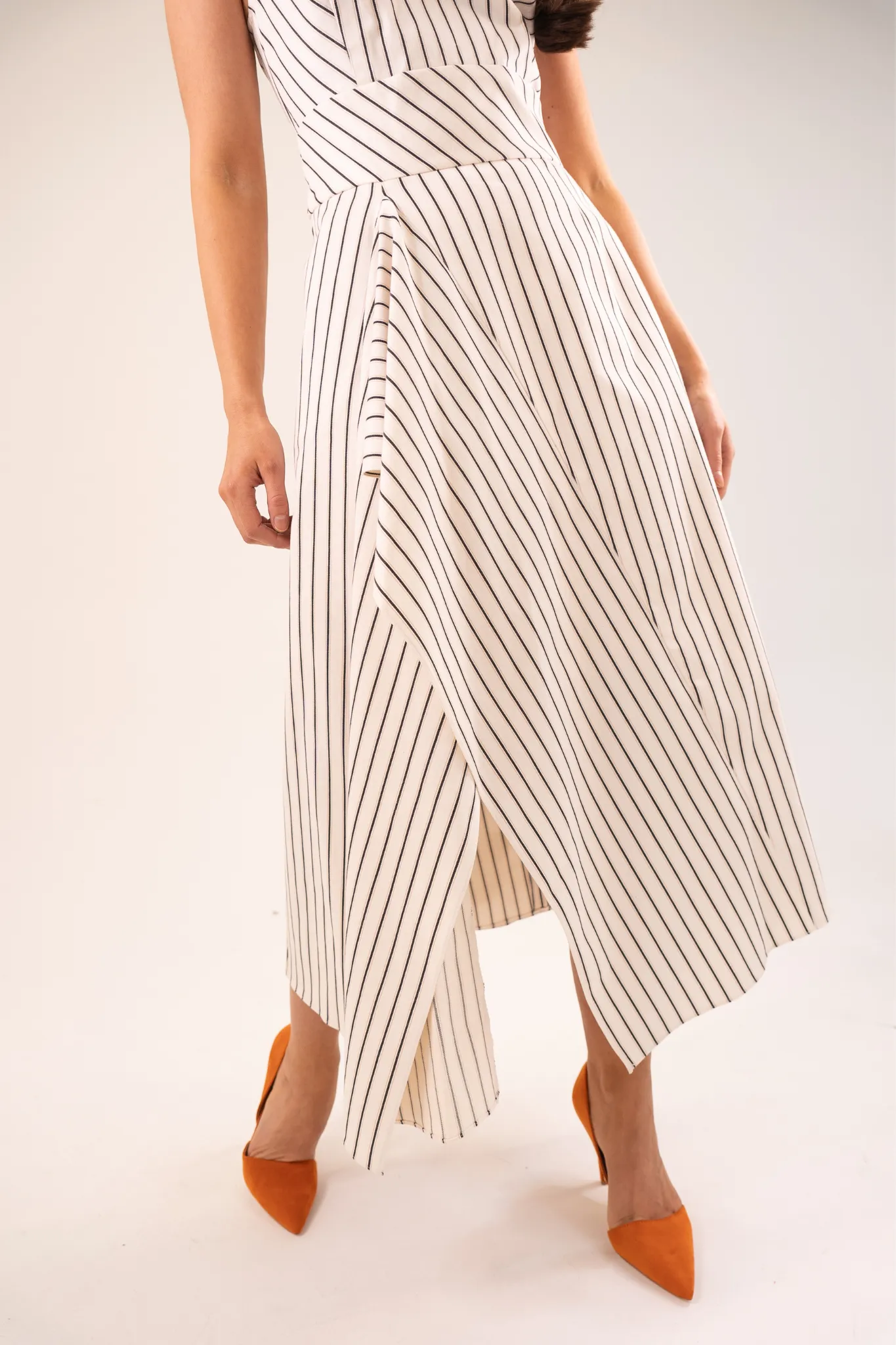 Kayla Asymmetric Pinstripe Dress In Cream