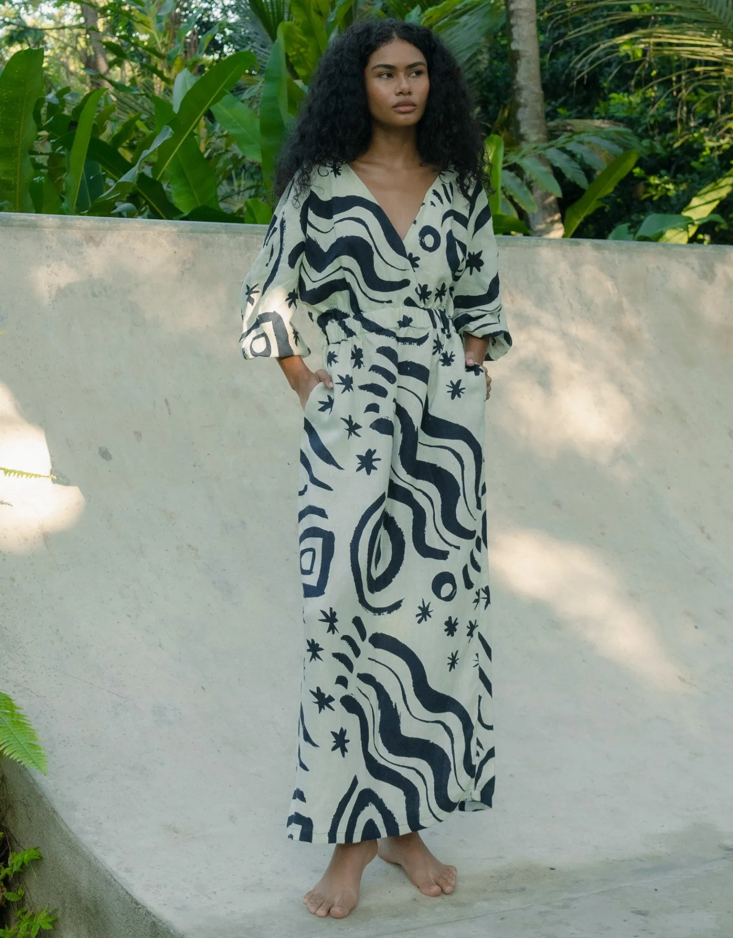 Lamia Linen Midi Dress, Wayuu Cream Print