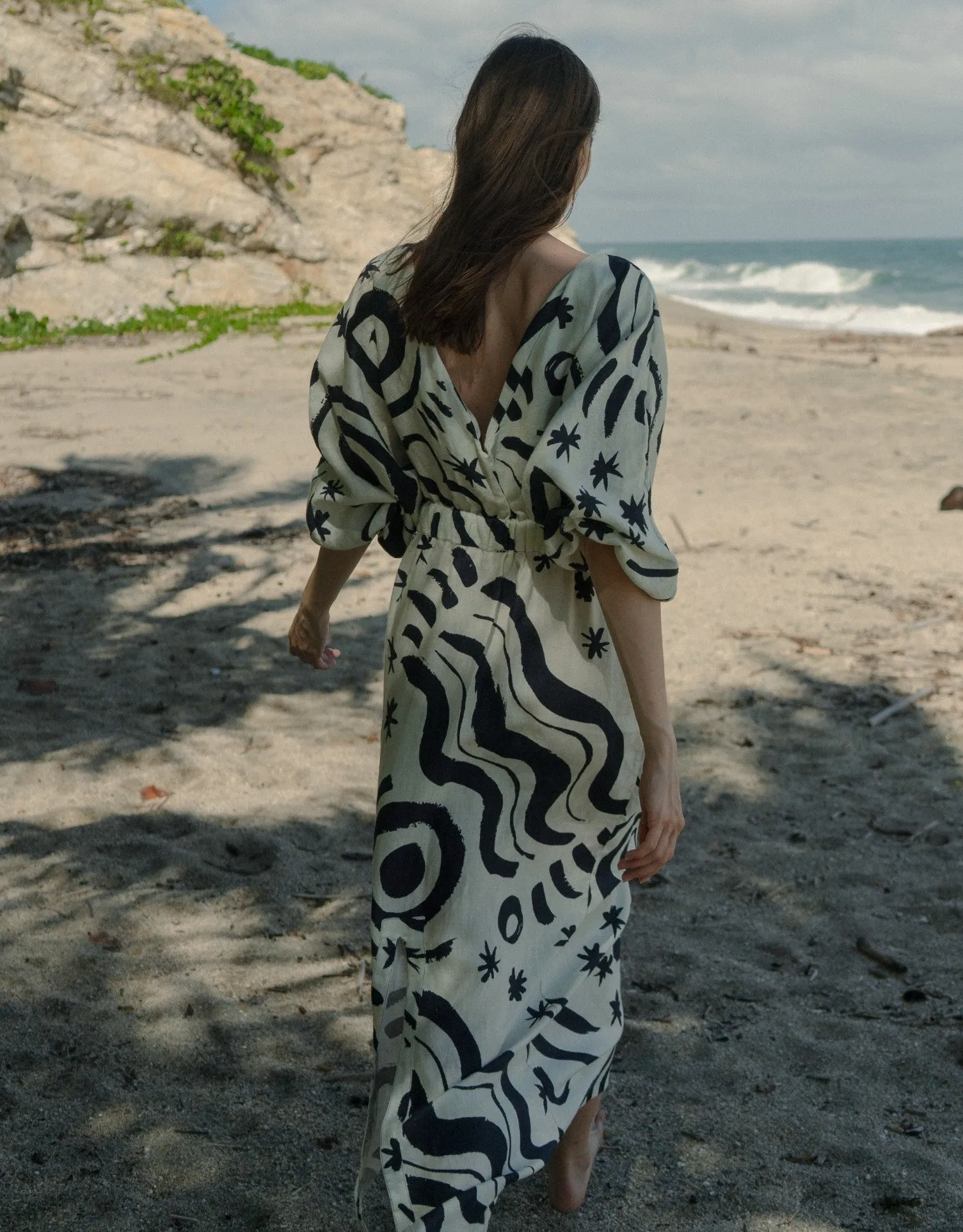 Lamia Linen Midi Dress, Wayuu Cream Print