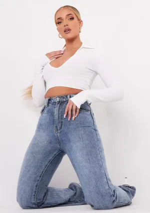 Leona Cream V Neck Collar Ribbed Crop Top