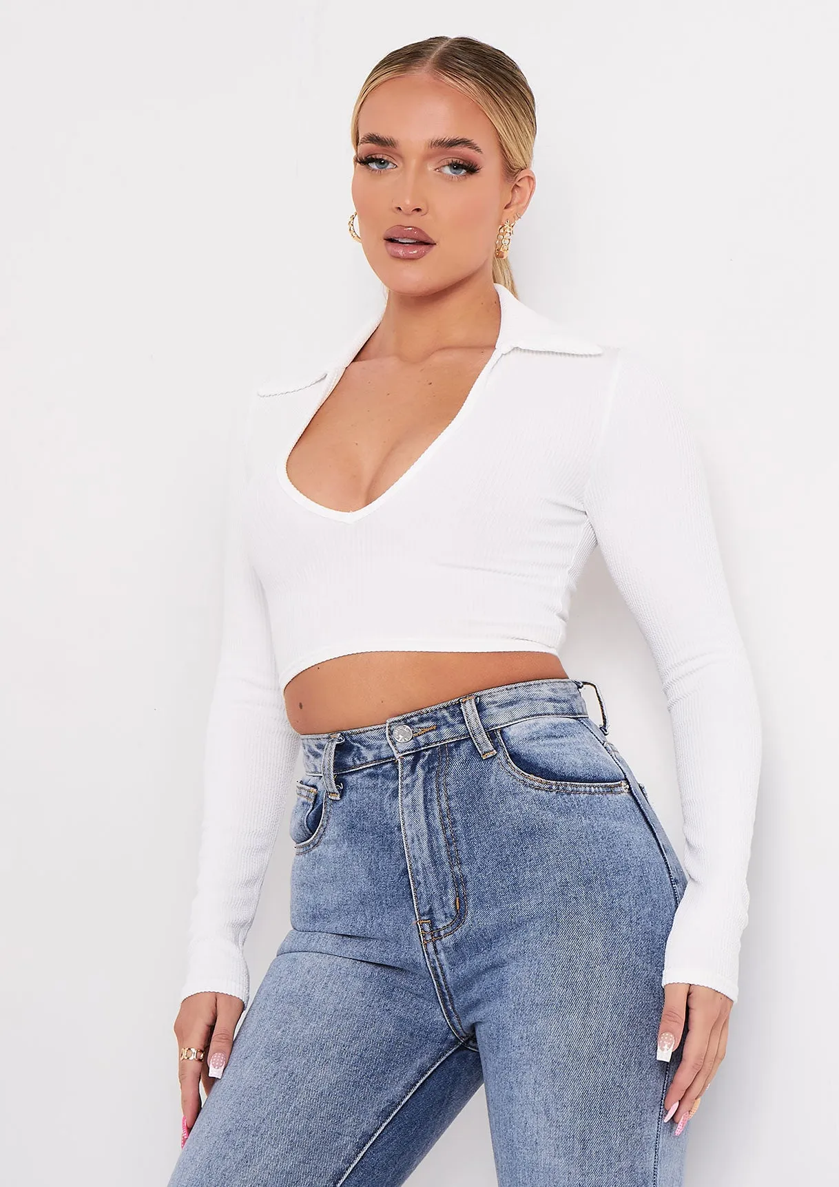 Leona Cream V Neck Collar Ribbed Crop Top