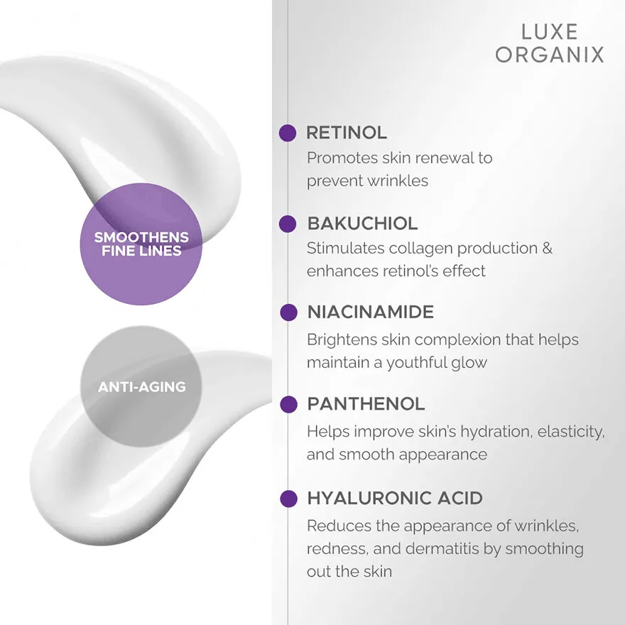 Luxe Organix Retinol   Bakuchiol Overnight Glow Gentle Treatment Cream - 30g