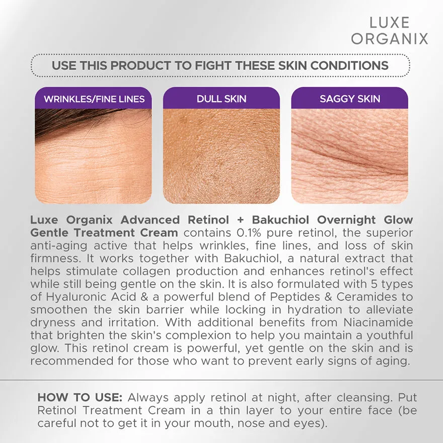 Luxe Organix Retinol   Bakuchiol Overnight Glow Gentle Treatment Cream - 30g