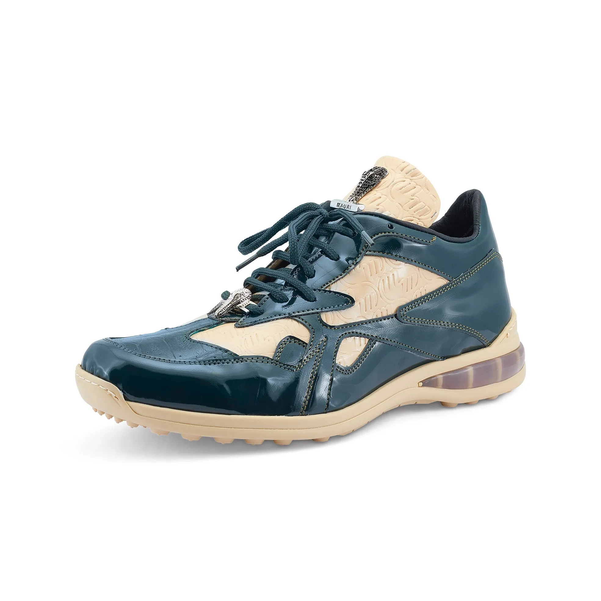 Mauri Sonic 8464/1 Men's Shoes Hunter Green & Cream Exotic Crocodile / Patent Leather Casual Bubble Sneakers (MA5540)