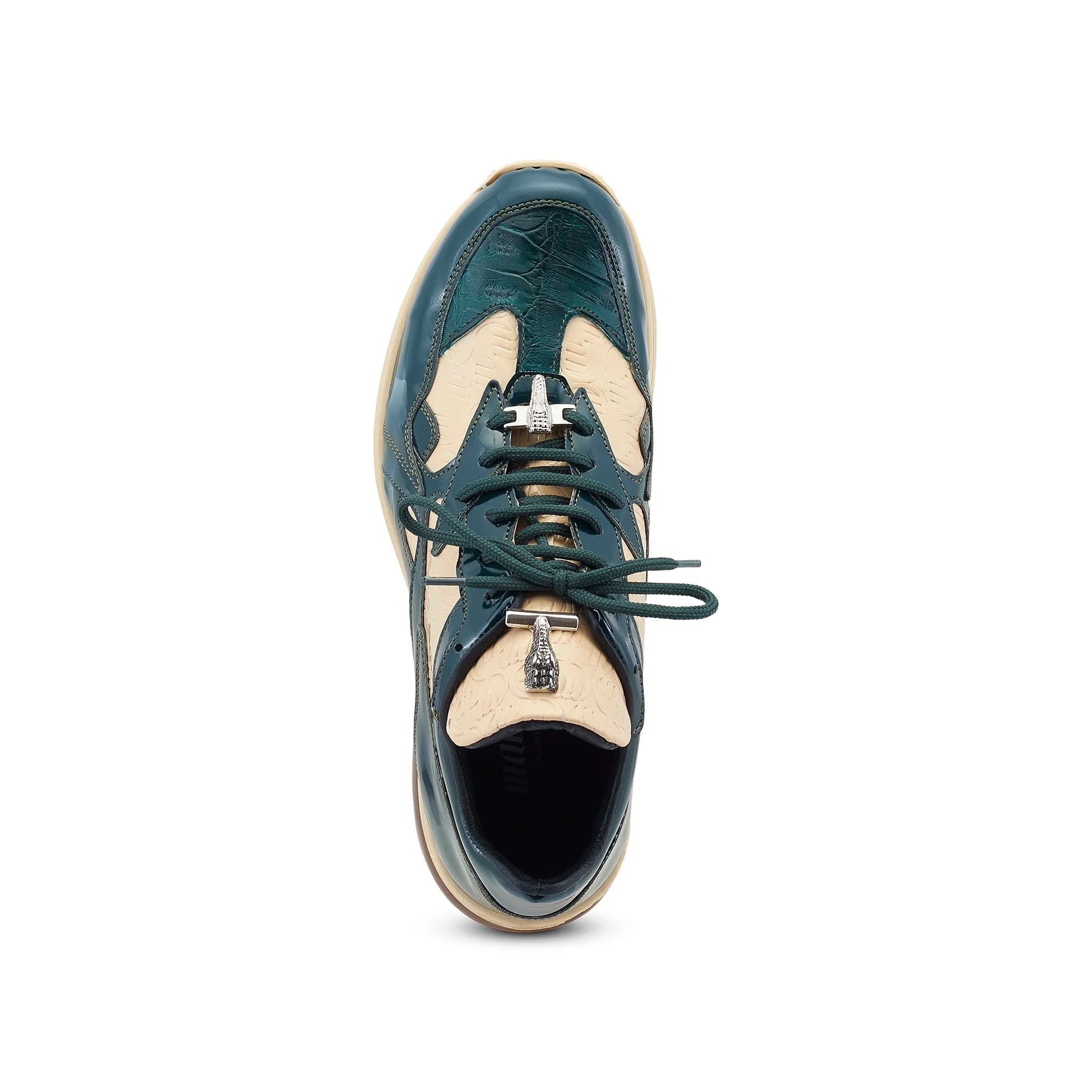 Mauri Sonic 8464/1 Men's Shoes Hunter Green & Cream Exotic Crocodile / Patent Leather Casual Bubble Sneakers (MA5540)