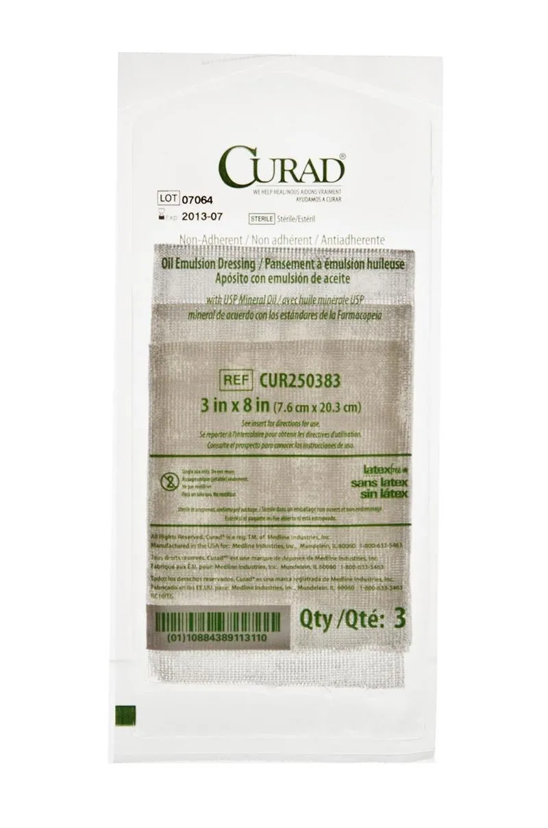 Medline CUR250383 Curad Oil Emulsion Dressing - 3 inch x 8 inch, 3 per pack, One pack