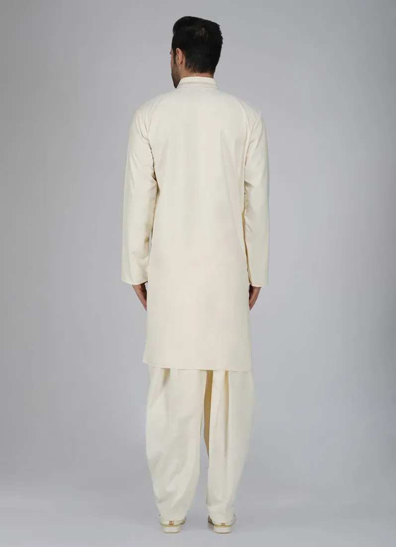 Men's Cream Neck Embroidered Salwar Kameez Set