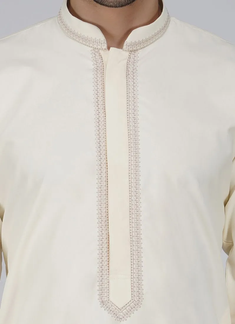 Men's Cream Neck Embroidered Salwar Kameez Set