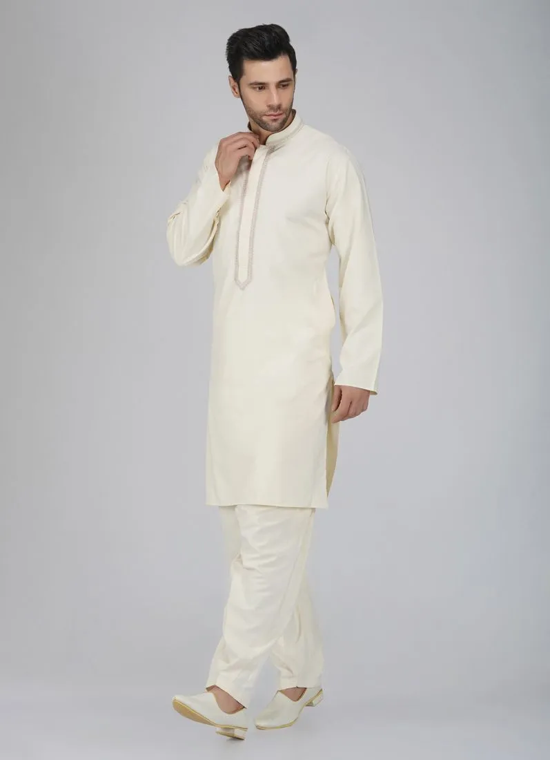 Men's Cream Neck Embroidered Salwar Kameez Set