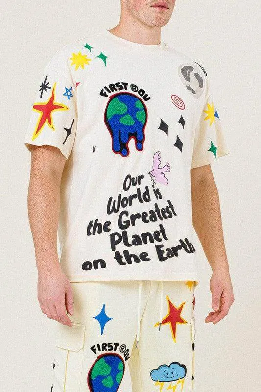 Mens Earth Graphic Tee Shirt In Cream