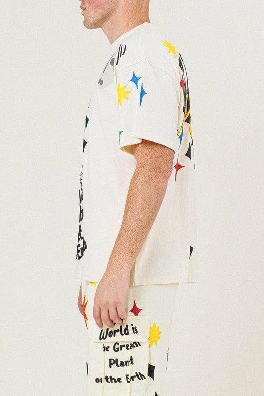 Mens Earth Graphic Tee Shirt In Cream