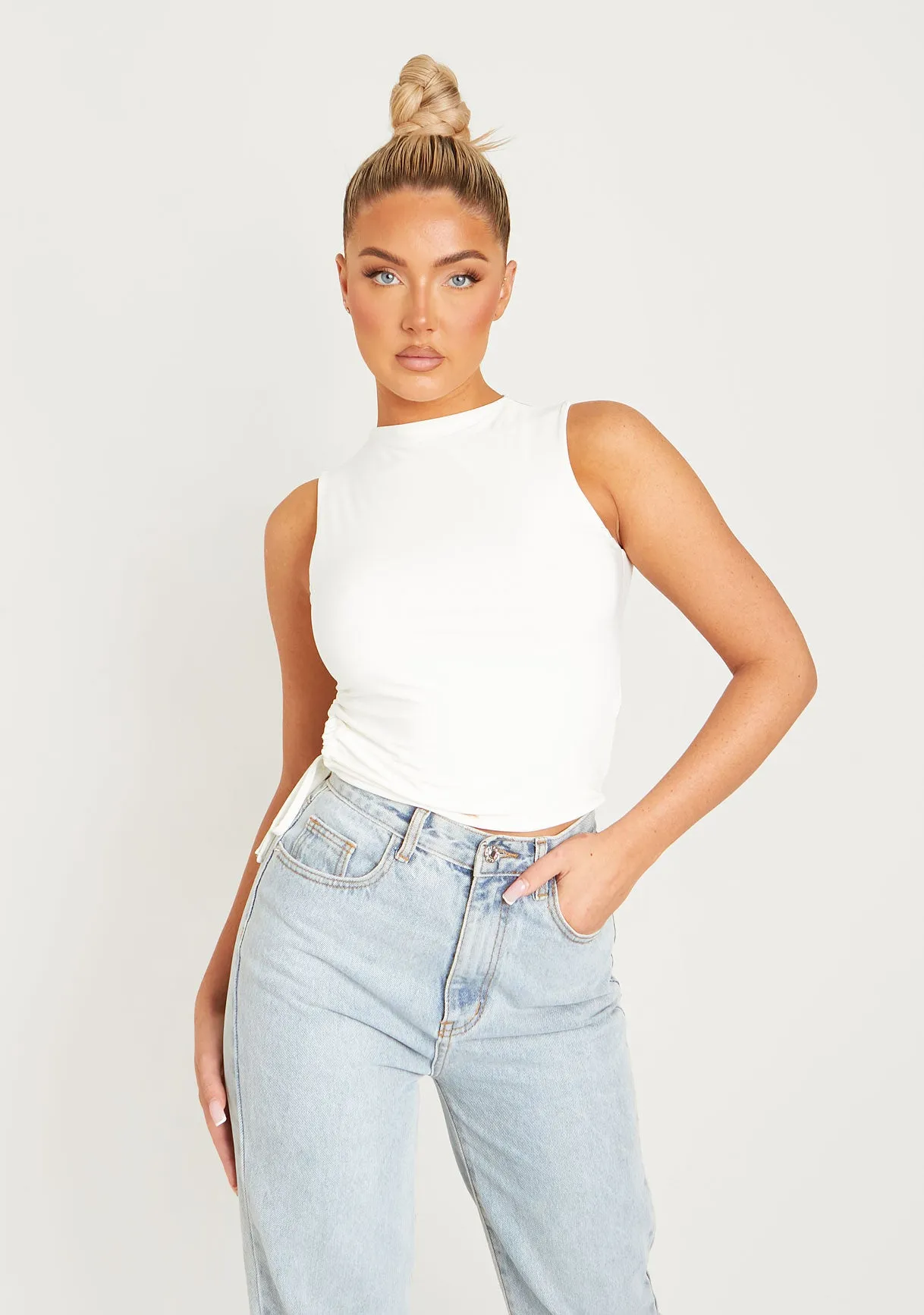 Mindy Cream High Neck Side Ruched Double Layer Crop Top