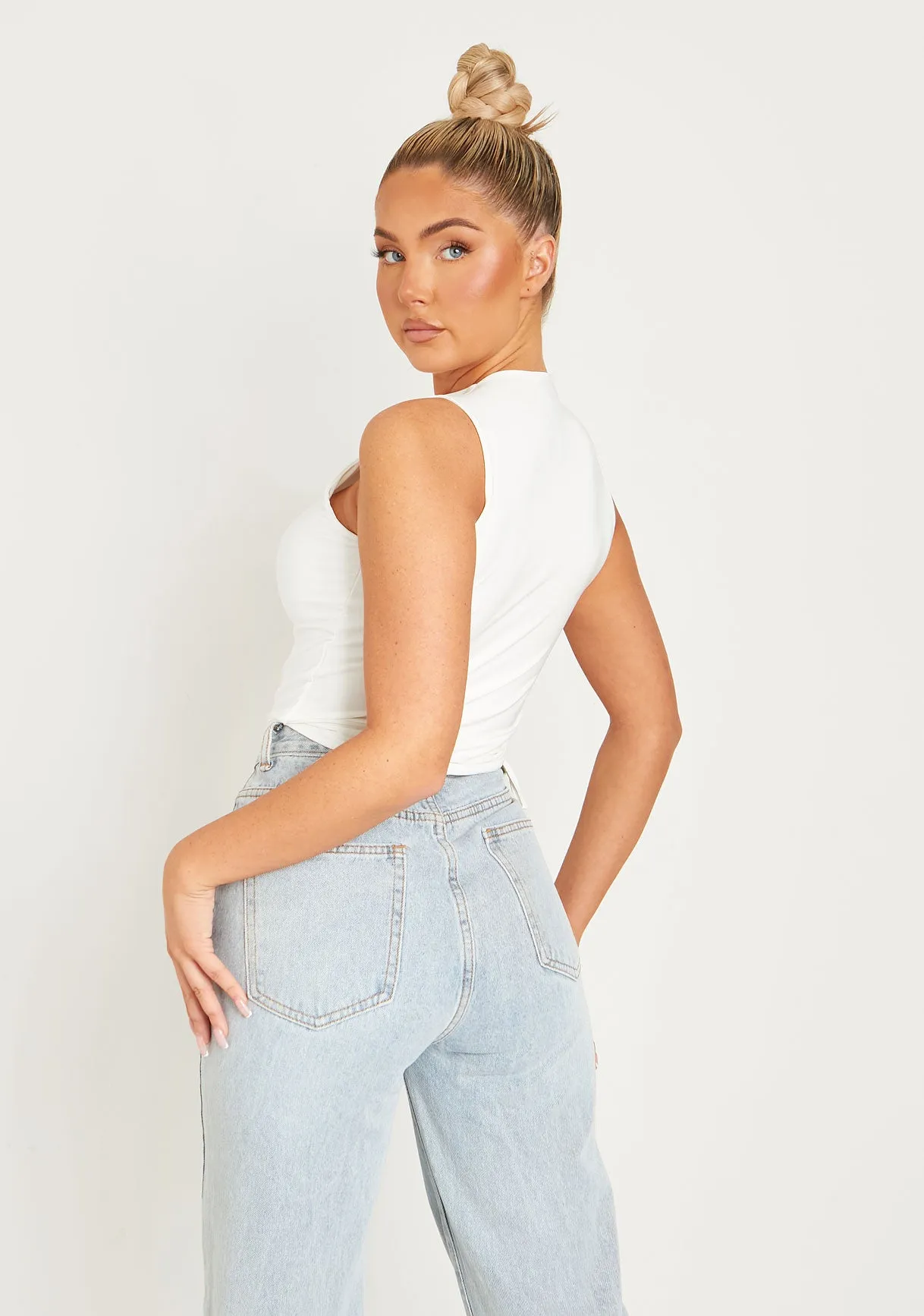 Mindy Cream High Neck Side Ruched Double Layer Crop Top