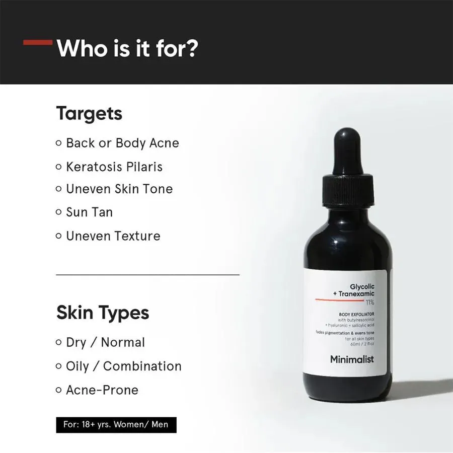 Minimalist Glycolic & Tranexamic Acid 11% Body Exfoliator Fades Pigmentation & Even Tone 60ml