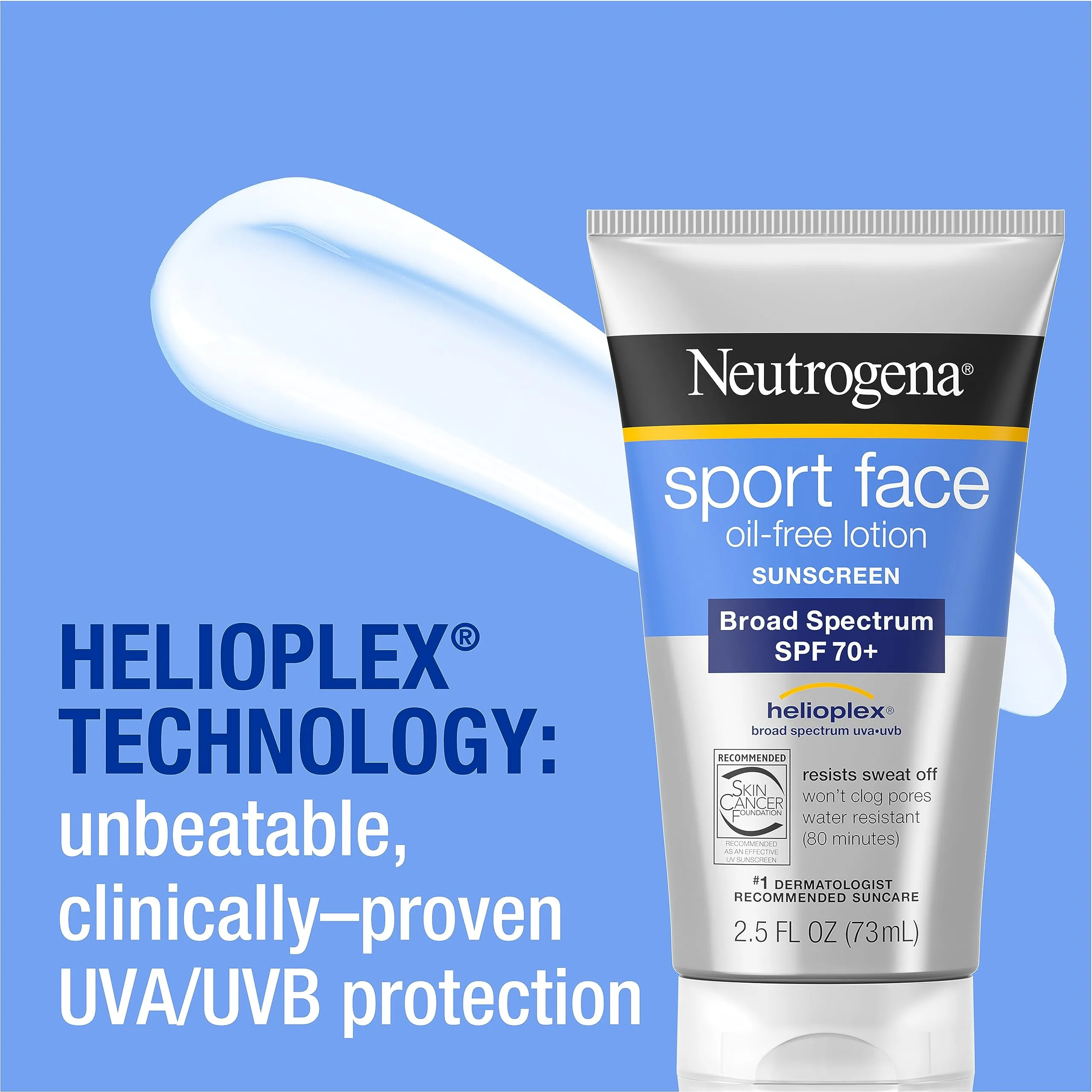 Neutrogena Sport Face Sunscreen SPF 70 , Oil-Free Facial Sunscreen Lotion with Broad Spectrum UVA/UVB Sun Protection, Sweat-Resistant & Water-Resistant, 2.5 fl. oz