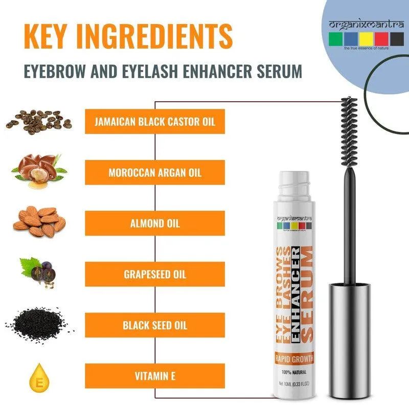 Organix Mantra Eyebrow Eyelashes Growth Serum with Jamaican Castor Oil, Moroccan Argan Oil, Grapeseed Oil, Black Seed Oil, Almond Oil, Vitamin E, Rose Oil, Sandalwood Oil, & Chamomile Oil, 10ML