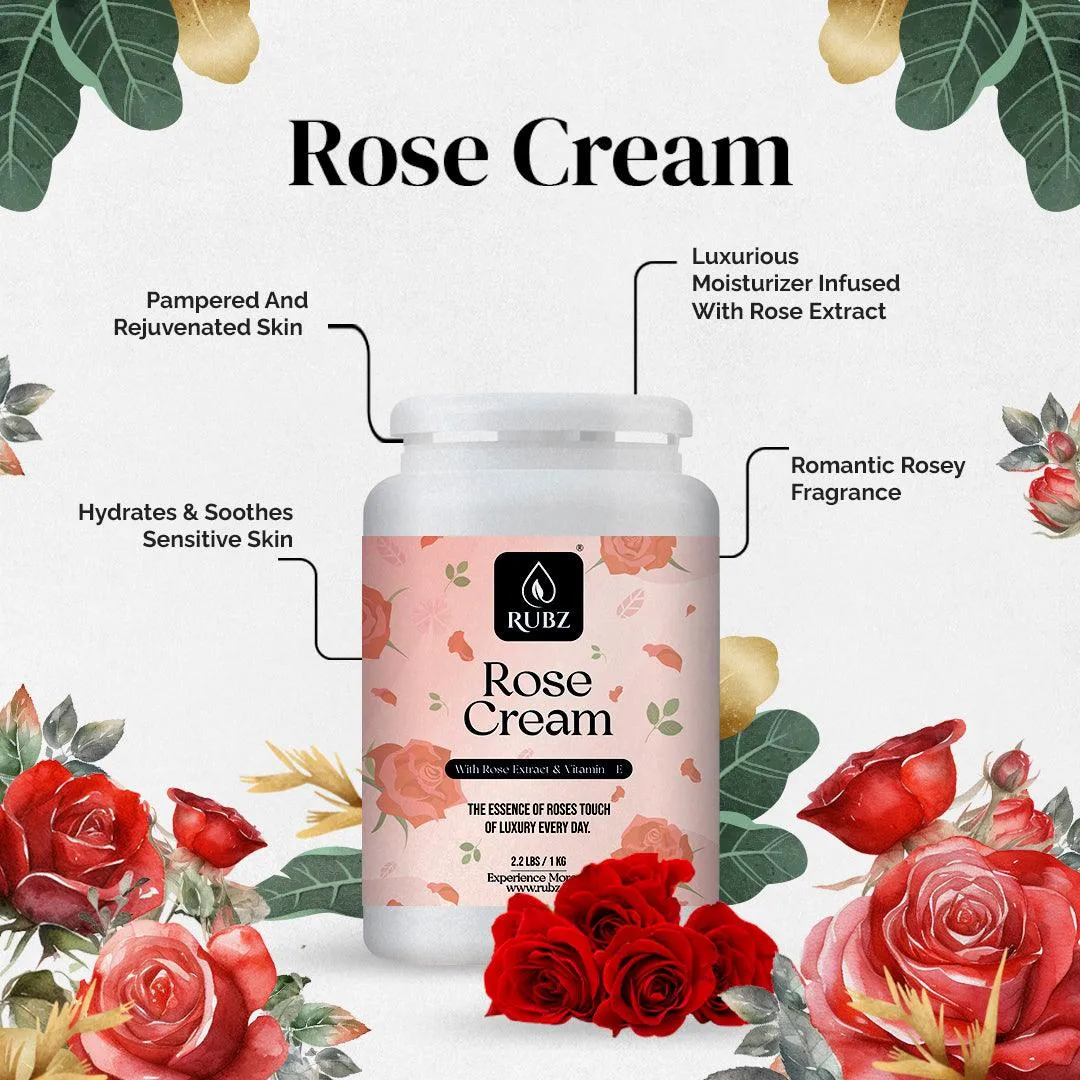 Rubz Rose Cream with Rose Extract & Vitamin - E | Deep Moisturizing with Instant Hydration | Best Body Cream for Women & Men | 1 Kg