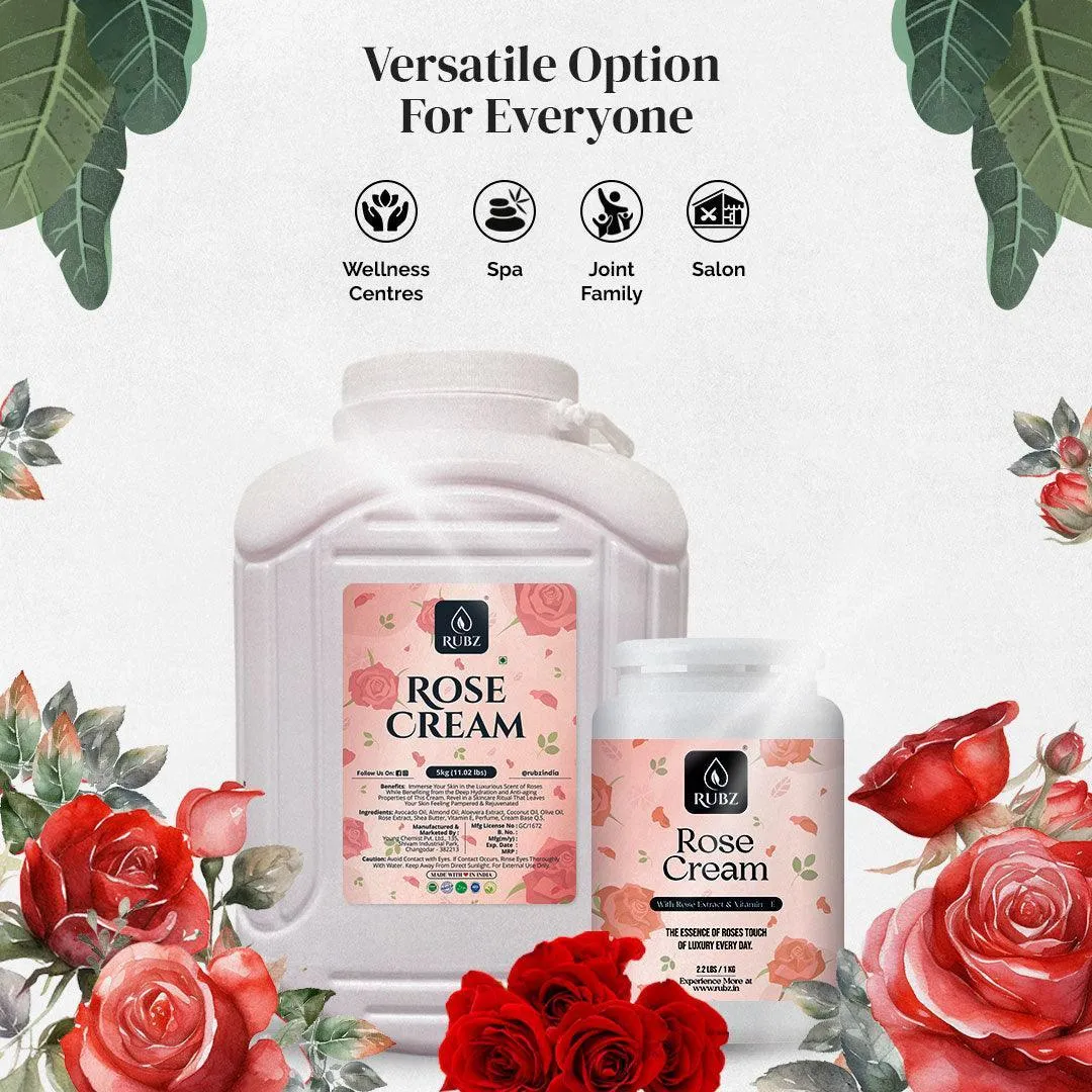 Rubz Rose Cream with Rose Extract & Vitamin - E | Deep Moisturizing with Instant Hydration | Best Body Cream for Women & Men | 1 Kg