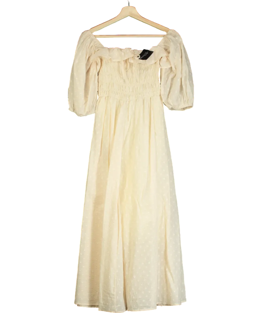 R.Vivimos Cream Square Neck Puff Sleeve High Waist Midi Dress UK S