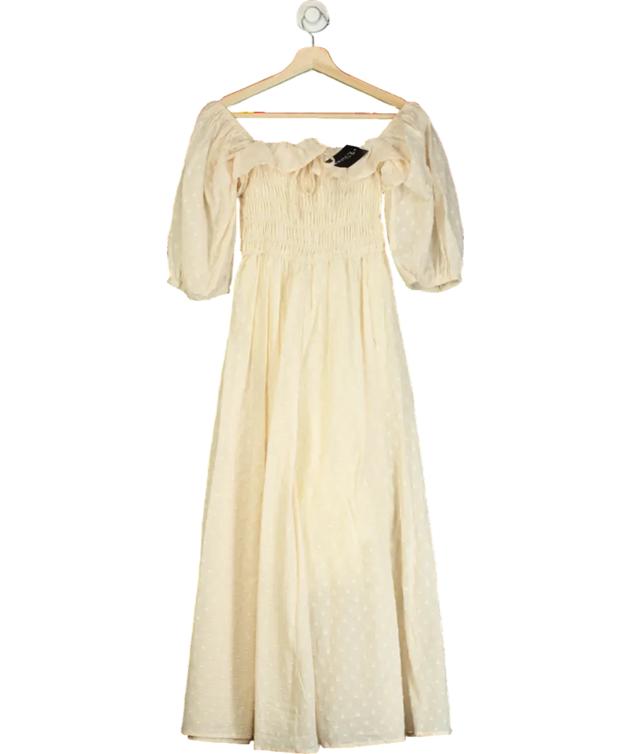R.Vivimos Cream Square Neck Puff Sleeve High Waist Midi Dress UK S