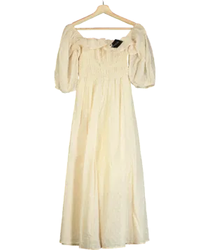 R.Vivimos Cream Square Neck Puff Sleeve High Waist Midi Dress UK S