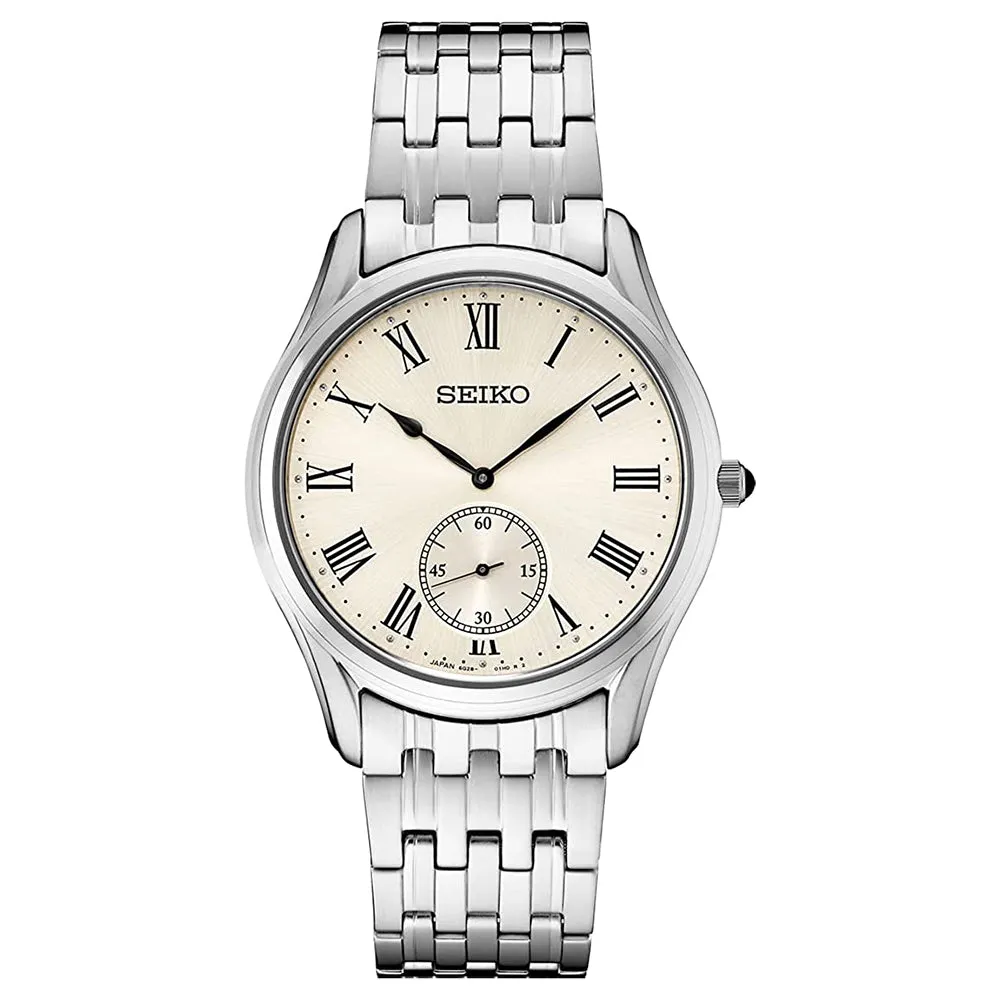 Seiko Men's Cream Dial Silver Stainless Steel Band Japanese Quartz Watch - SNK047