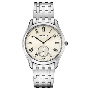 Seiko Men's Cream Dial Silver Stainless Steel Band Japanese Quartz Watch - SNK047