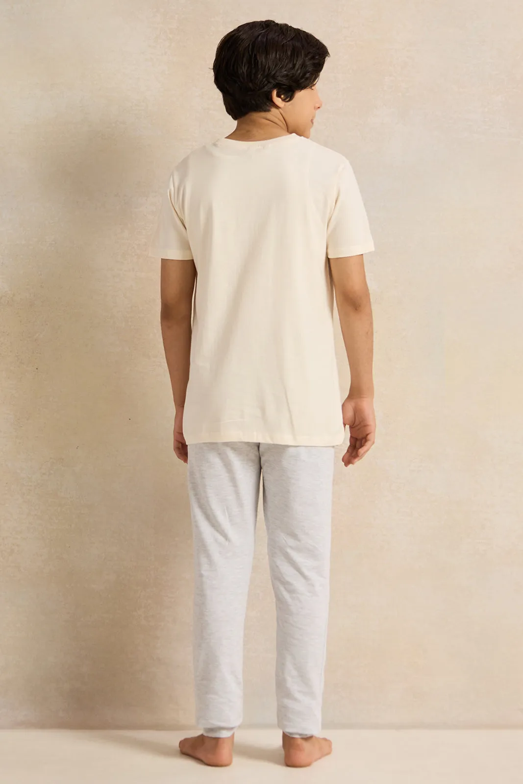 Senior Boys Cream And Grey Printed Pyjama Set (2 Piece)