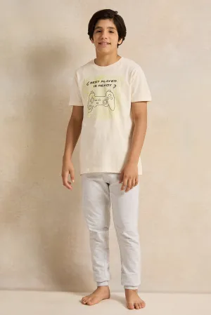 Senior Boys Cream And Grey Printed Pyjama Set (2 Piece)