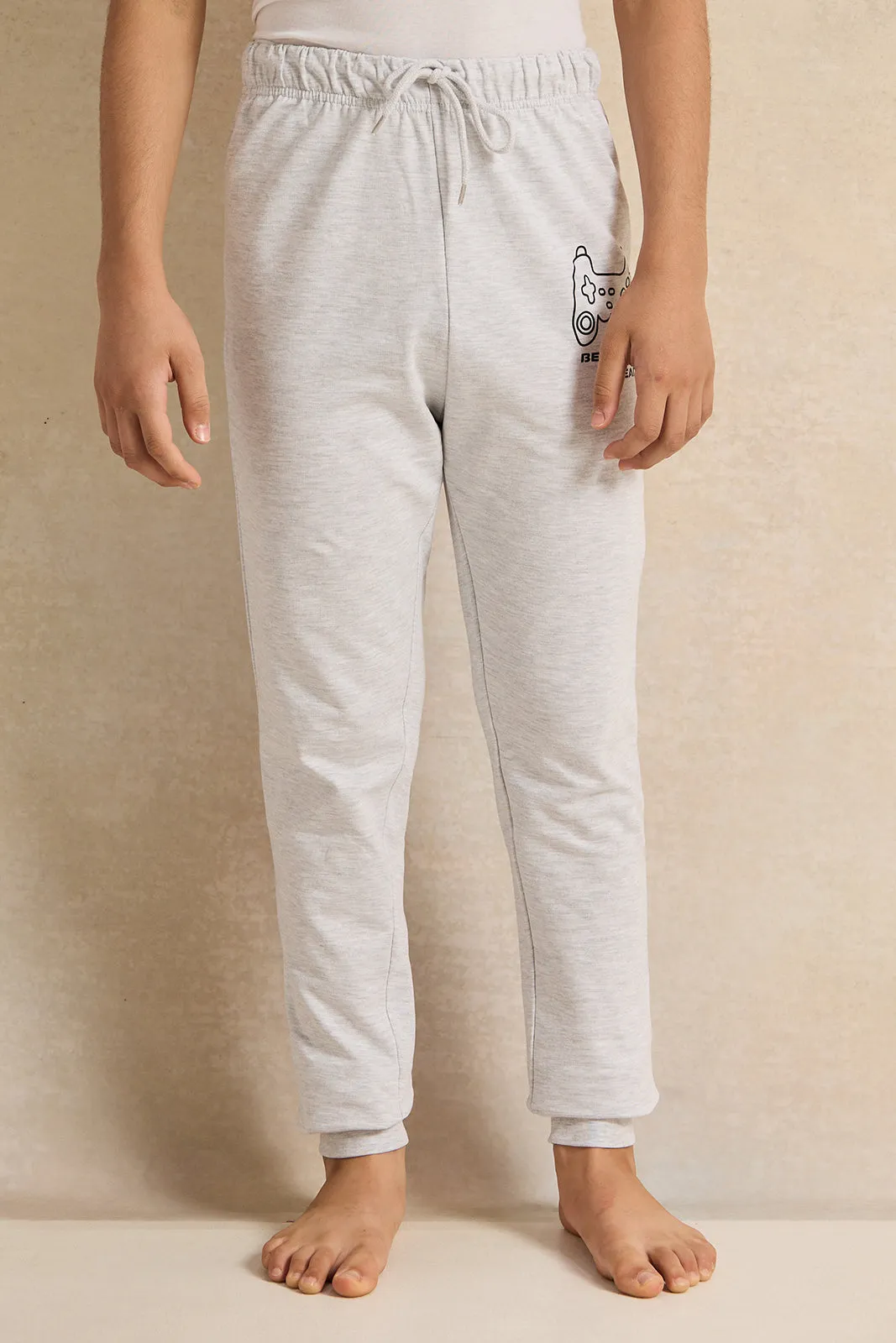 Senior Boys Cream And Grey Printed Pyjama Set (2 Piece)