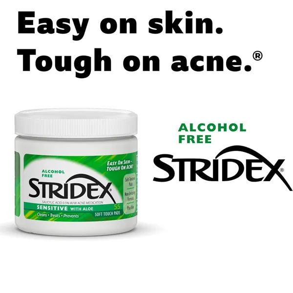 Stridex Acne Pads for Sensitive Skin with Aloe Vera, Alcohol-free 55 Count