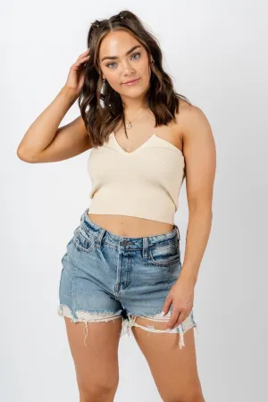 V-neck knit strapless top cream