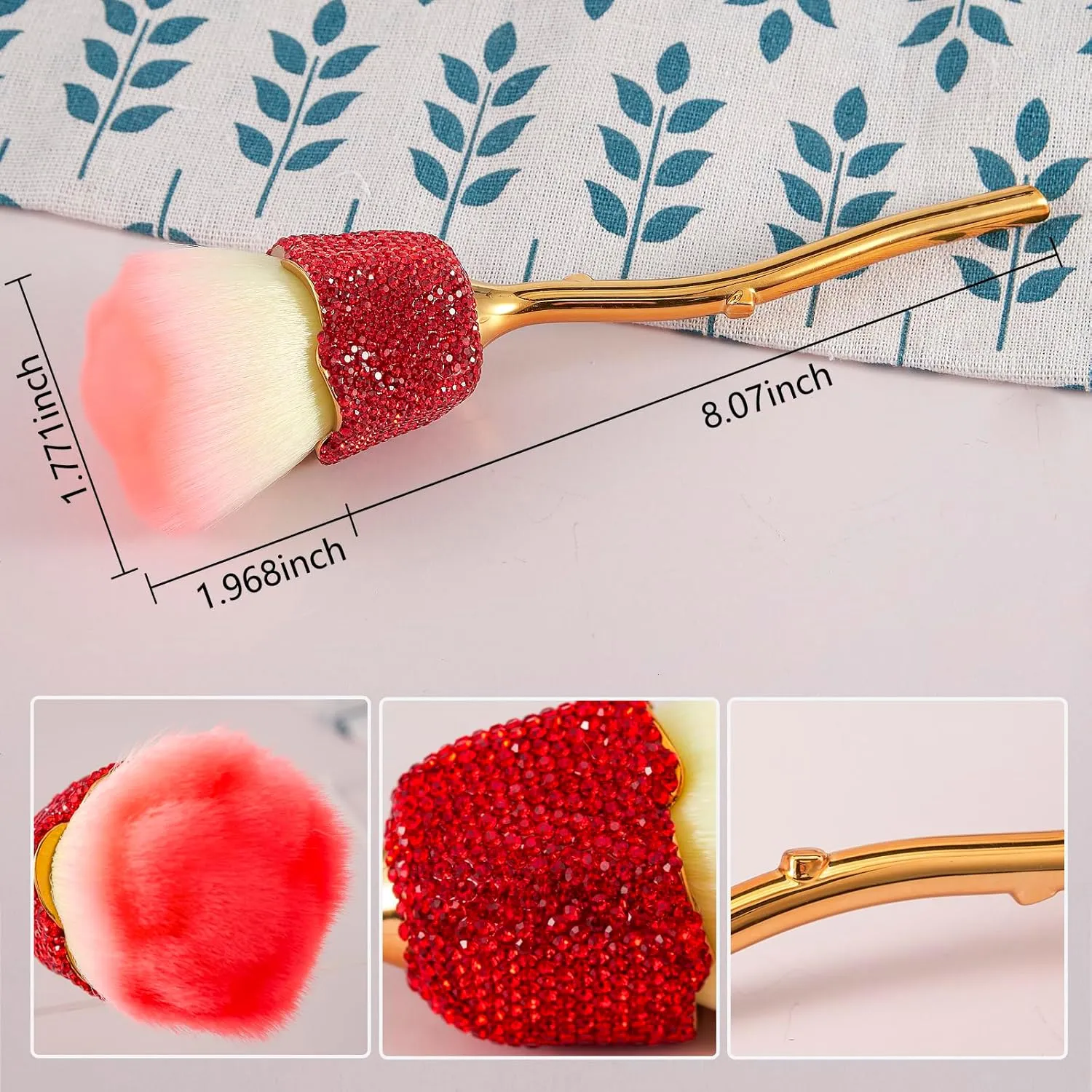 WOKOTO 1pcs Rose Nail Dust Brushes Embedded Red Rhinestones For Acrylic Nails Powder Remover Brushes Trimming Cleaning Tools Loose Face Cosmetics Blending Foundation Powder Brush Make Up Brushes