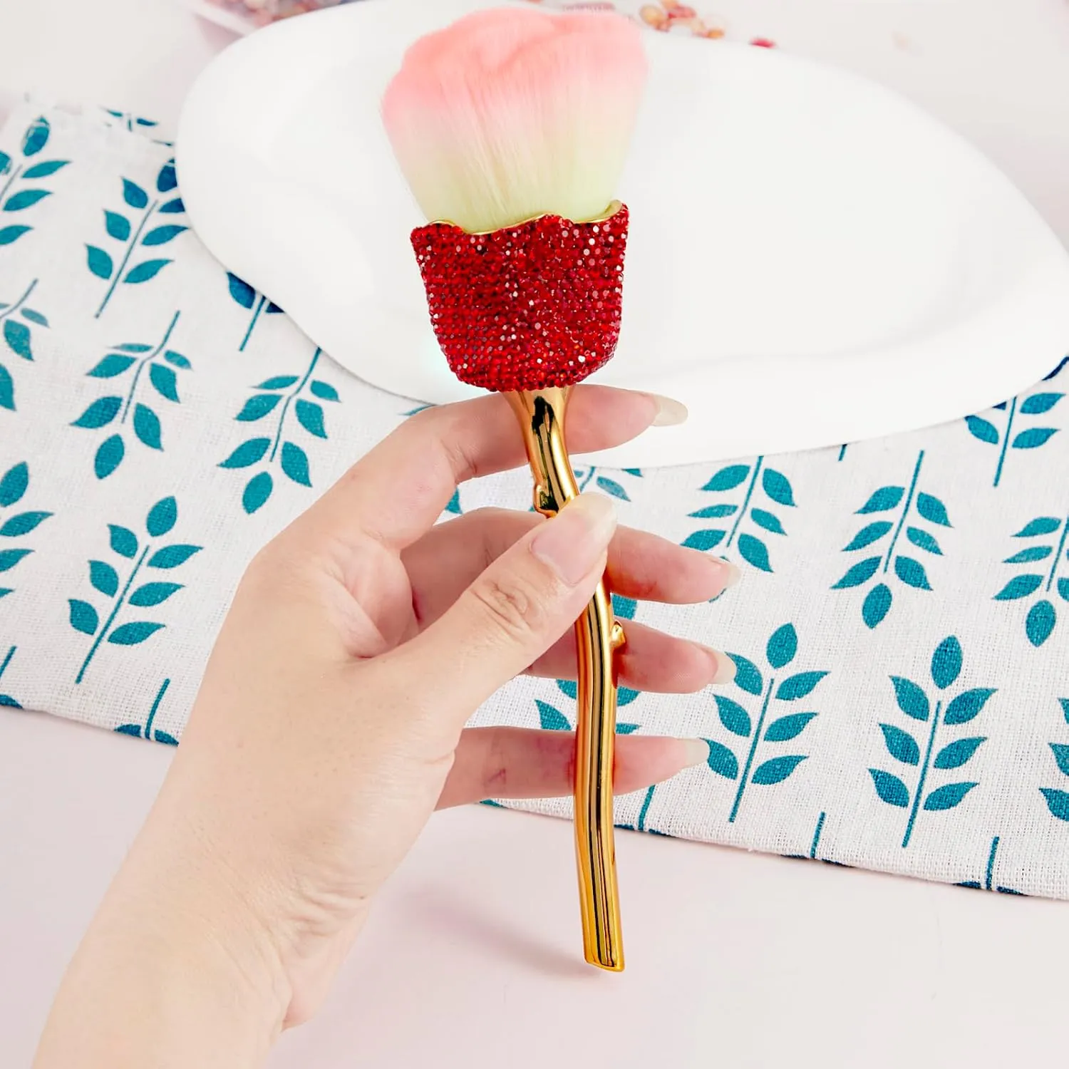 WOKOTO 1pcs Rose Nail Dust Brushes Embedded Red Rhinestones For Acrylic Nails Powder Remover Brushes Trimming Cleaning Tools Loose Face Cosmetics Blending Foundation Powder Brush Make Up Brushes