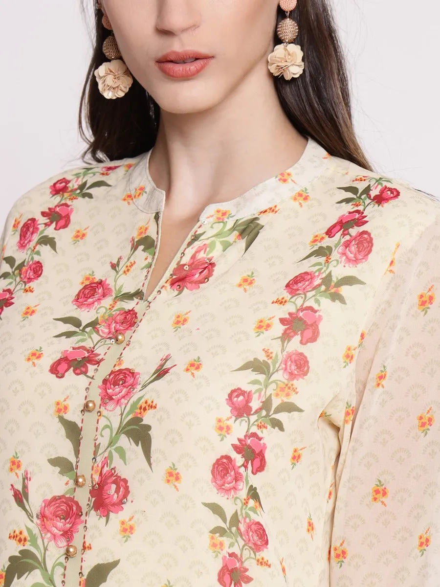 Women Cream Floral Printed Kurta