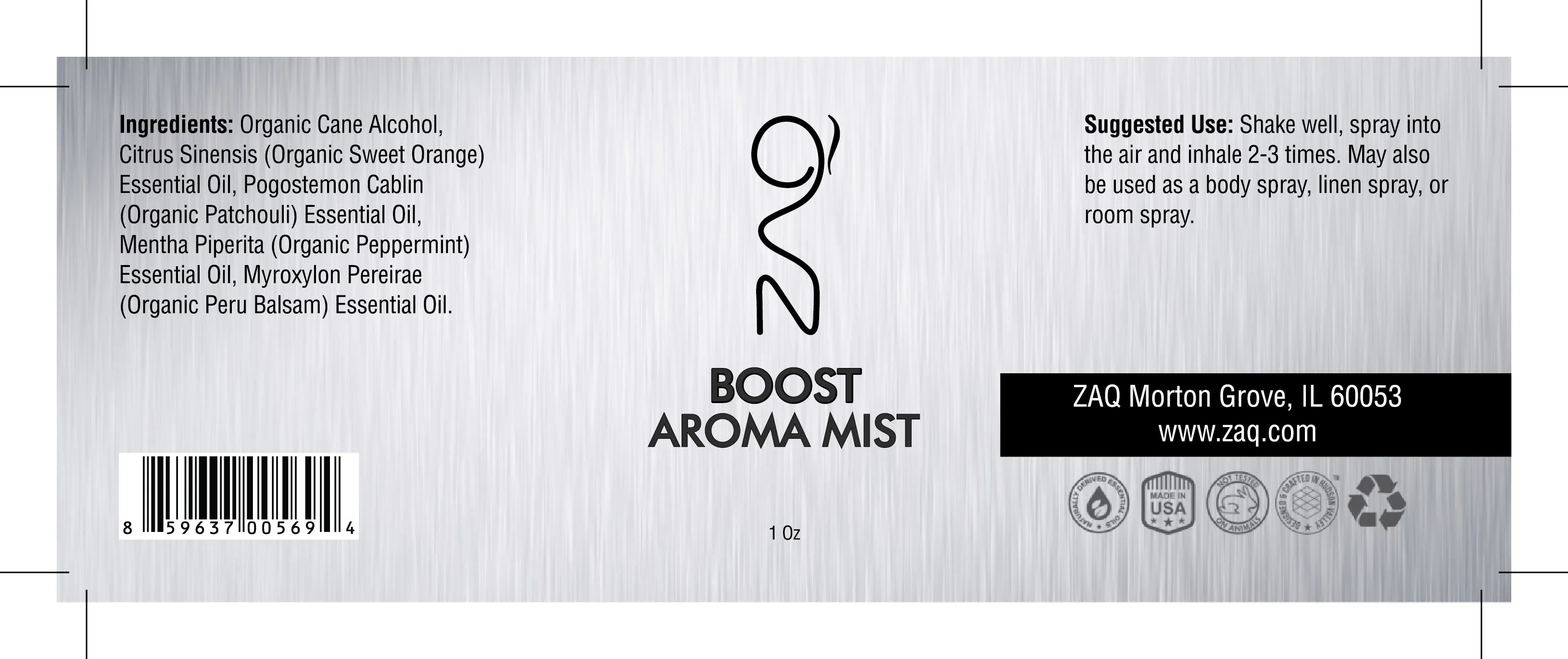 ZAQ Boost Aroma Essential Oil Mist 1OZ - Boost your mind and body